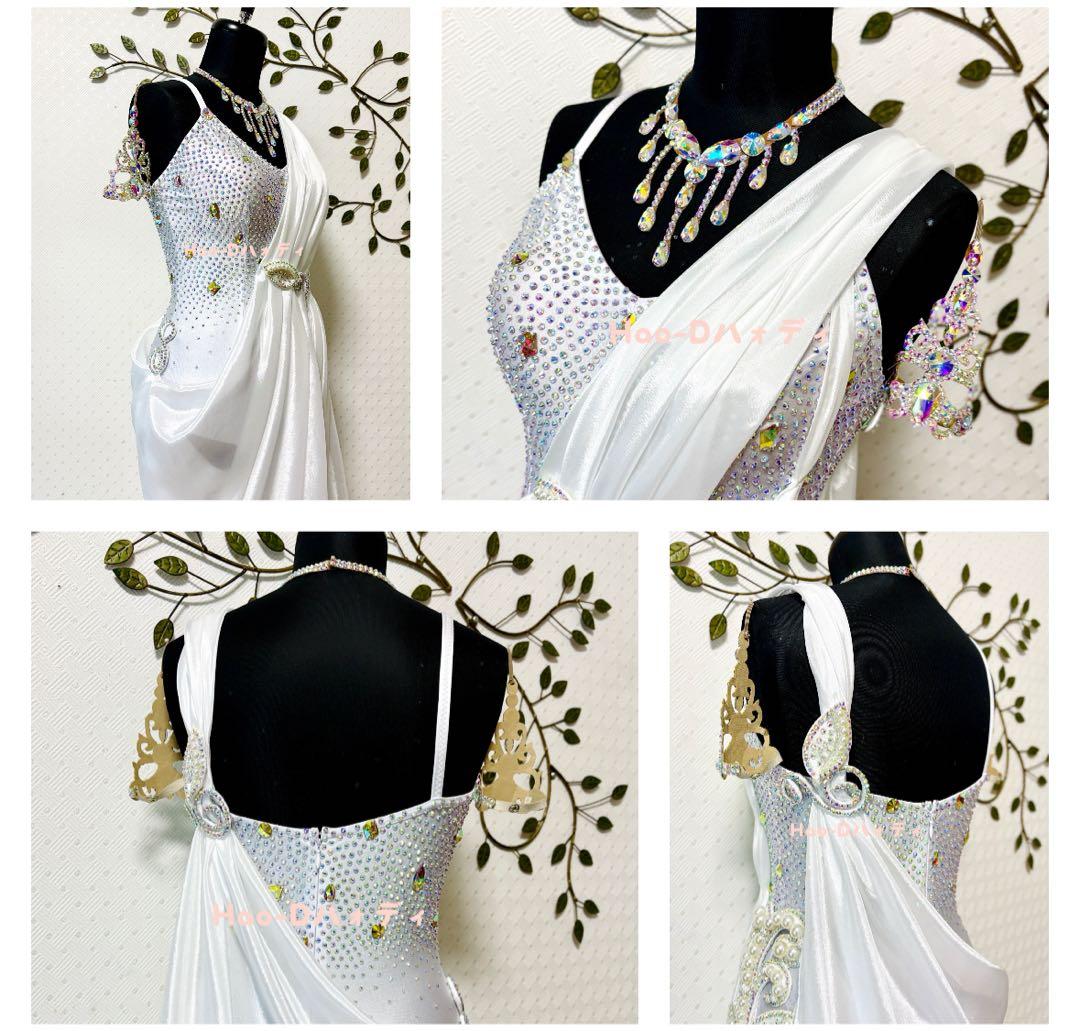 新品★ドレス★M★社交ダンス★光沢★ドレープ★競技会★ホワイト★ルンバ★スムース