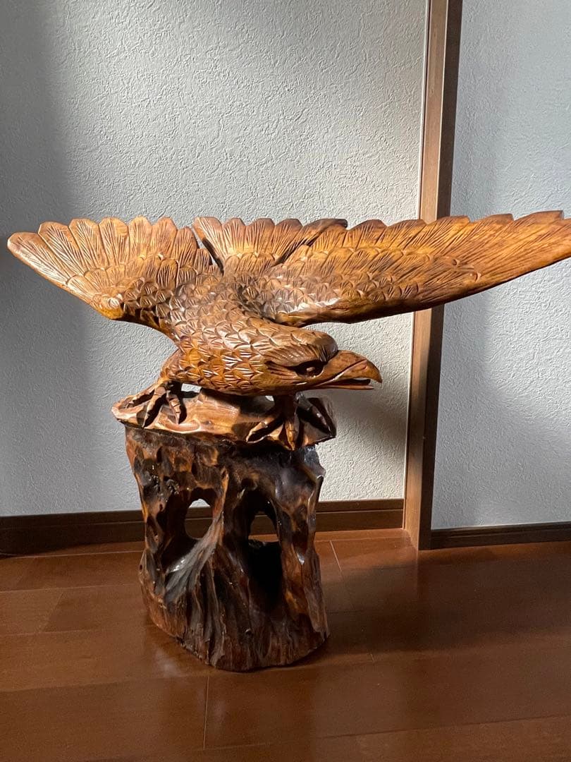2 木彫り 鷲 置物 一刀彫 彫刻芸術品 ヴィンテージ 民芸品 横幅80cm