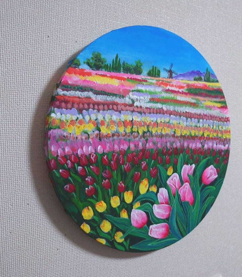 アクリル画　風景画　原画「チューリップ畑」 直径30cm×厚さ1.5c他計2点