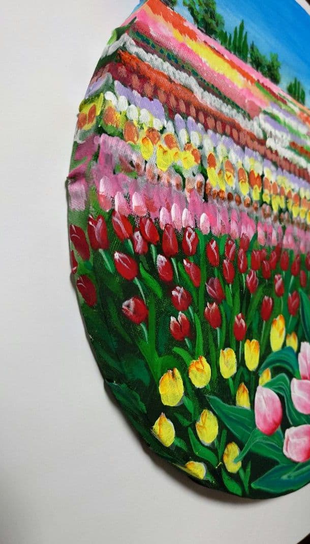 アクリル画　風景画　原画「チューリップ畑」 直径30cm×厚さ1.5c他計2点