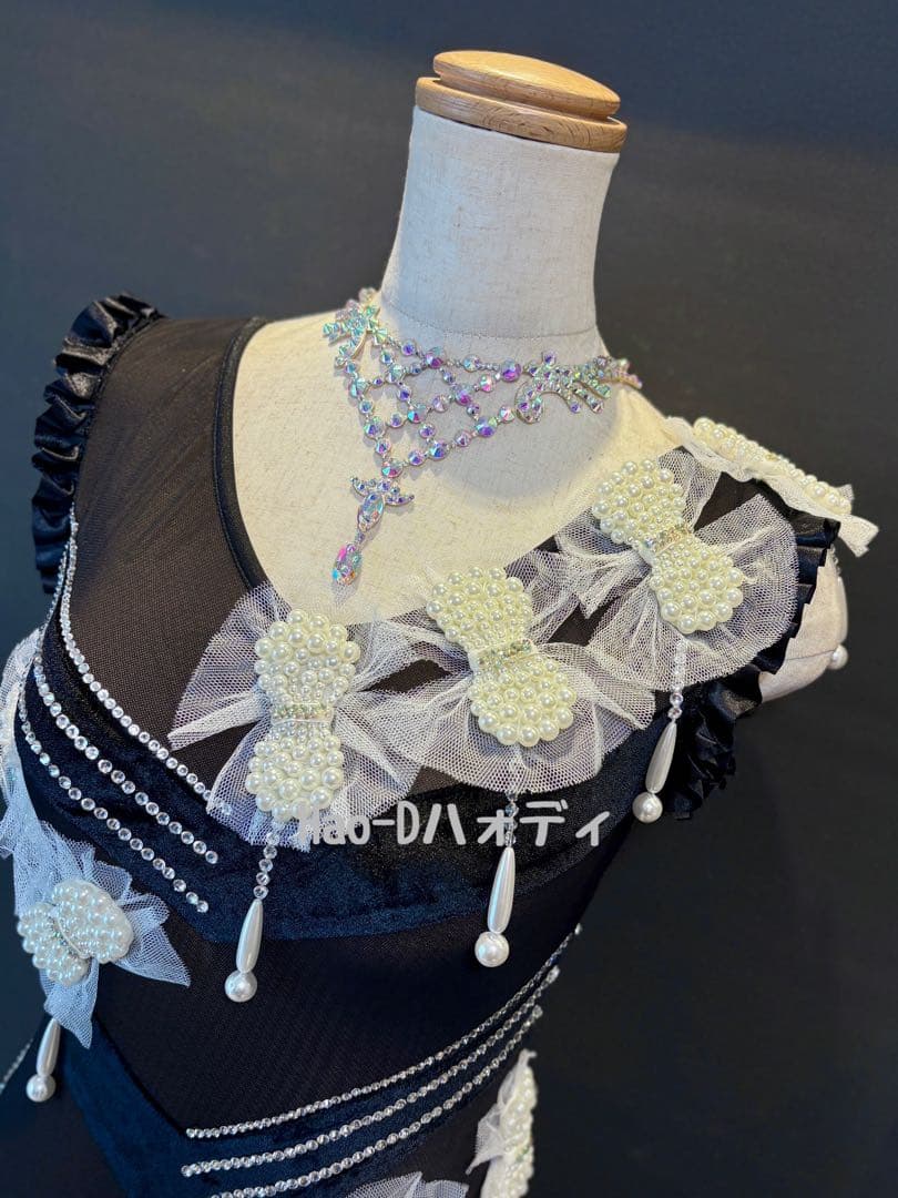 新品★ドレス★スタンダード★ブラック★パールリボン★競技会★社交ダンス