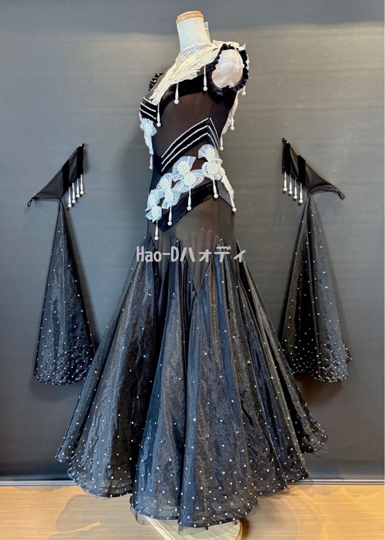 新品★ドレス★スタンダード★ブラック★パールリボン★競技会★社交ダンス