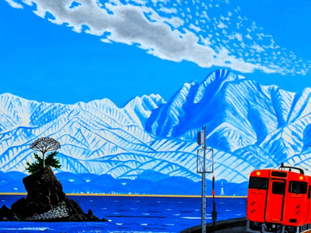 ★雨晴れ海岸を走る電車・肉筆油彩画・F6キャンバス