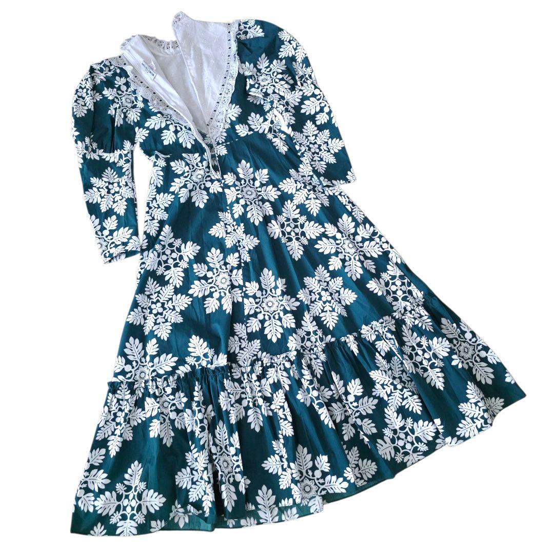 【大きめサイズ】MUUMUU FACTORY フラダンスドレス グリーン　長袖
