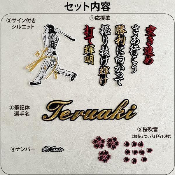 阪神タイガース 佐藤輝明 刺繍ワッペン 5点セット 筆記体【黒】応援歌