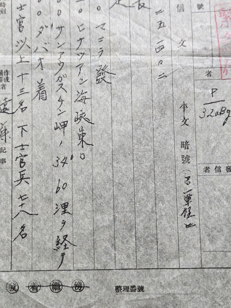 実物　貴重資料　海軍　軽巡洋艦「名取」　軍極秘暗号電文