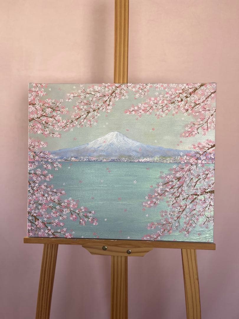 桜と富士山 原画 F8 テクスチャーアート 風景画 インテリアアート 桜 春