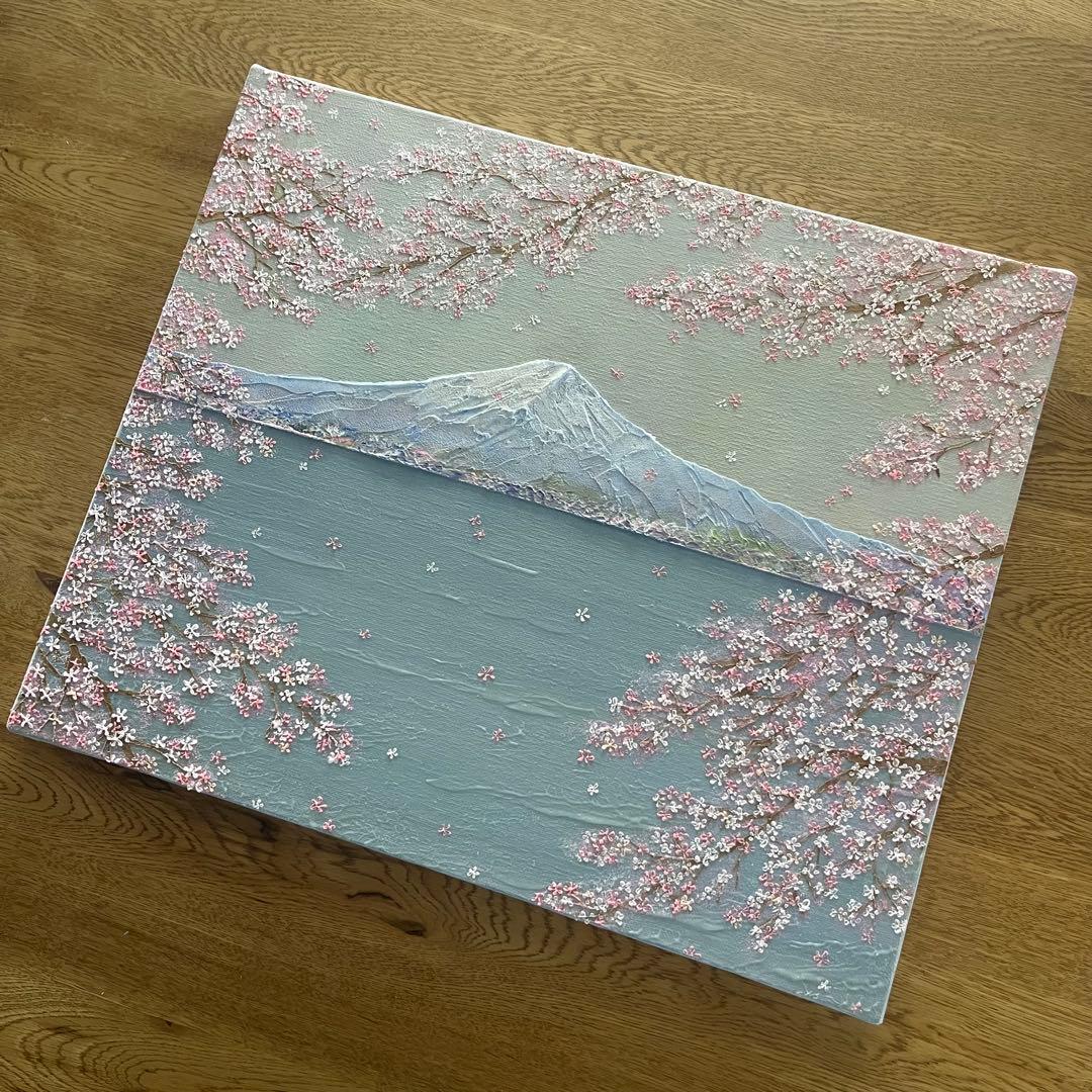 桜と富士山 原画 F8 テクスチャーアート 風景画 インテリアアート 桜 春
