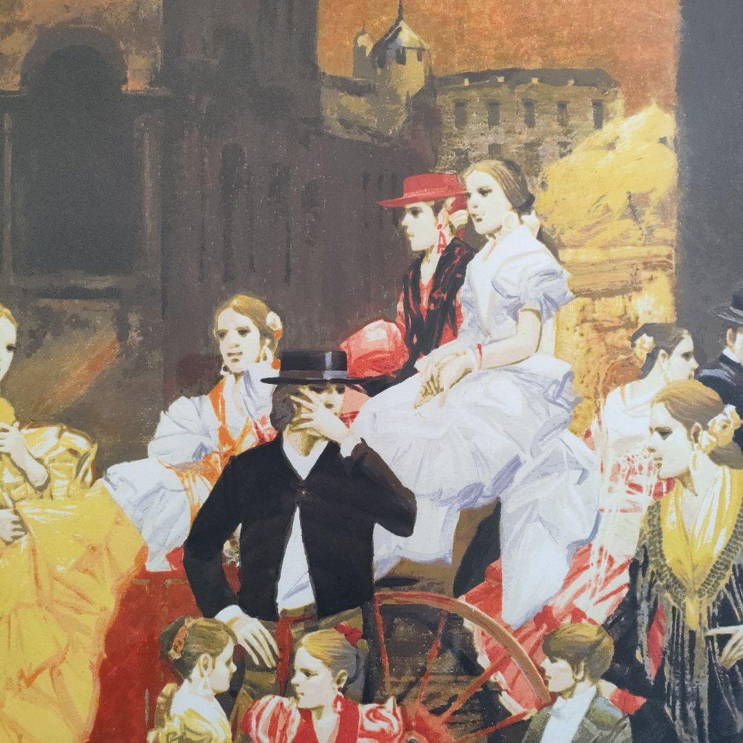 斎藤三郎　大判リトグラフ『祭りの馬車』直筆サイン入、ウコン布&共箱付