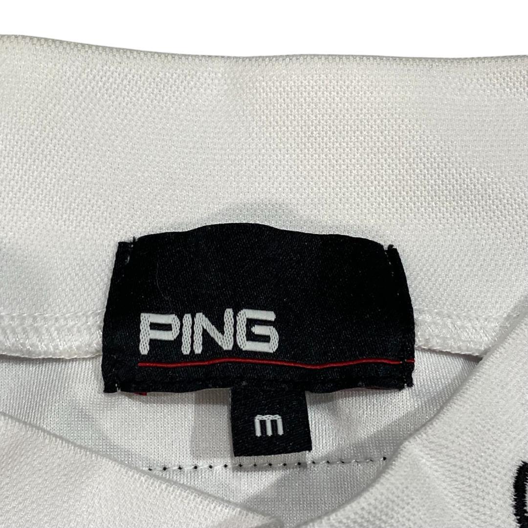 PING ピン モックネック ストレッチ シャツ M ホワイト ゴルフ プリント