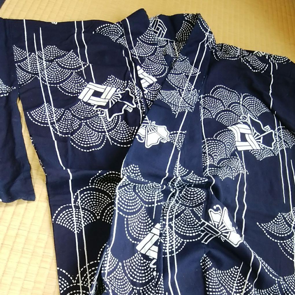 浴衣仕立　西川流　扇紋　純綿日本製　舞踊　日舞　東京染別染　紺　扇模様　生地素材