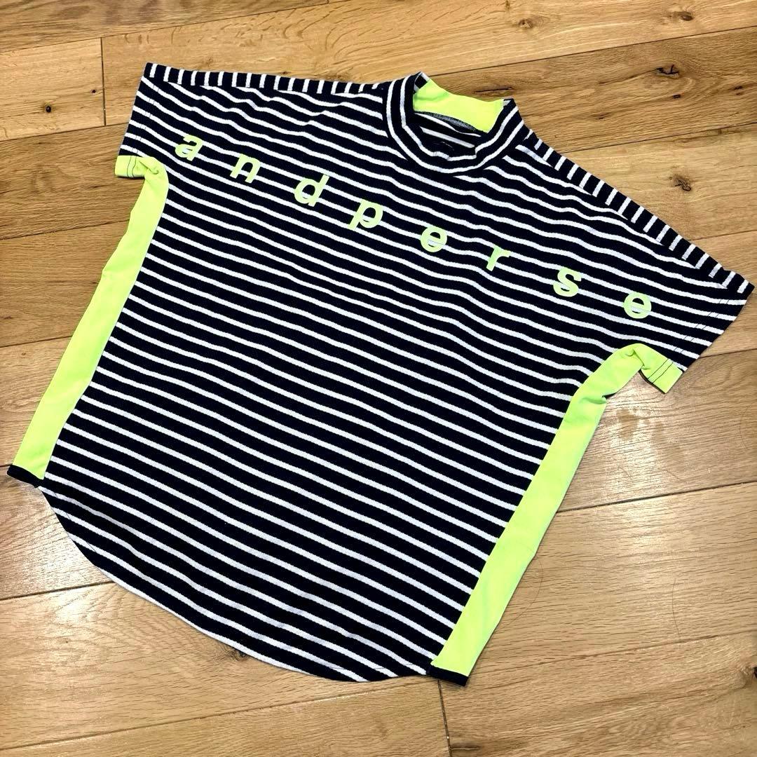 and per se★オシャレなビッグロゴ ボーダー柄モックネックシャツ★M