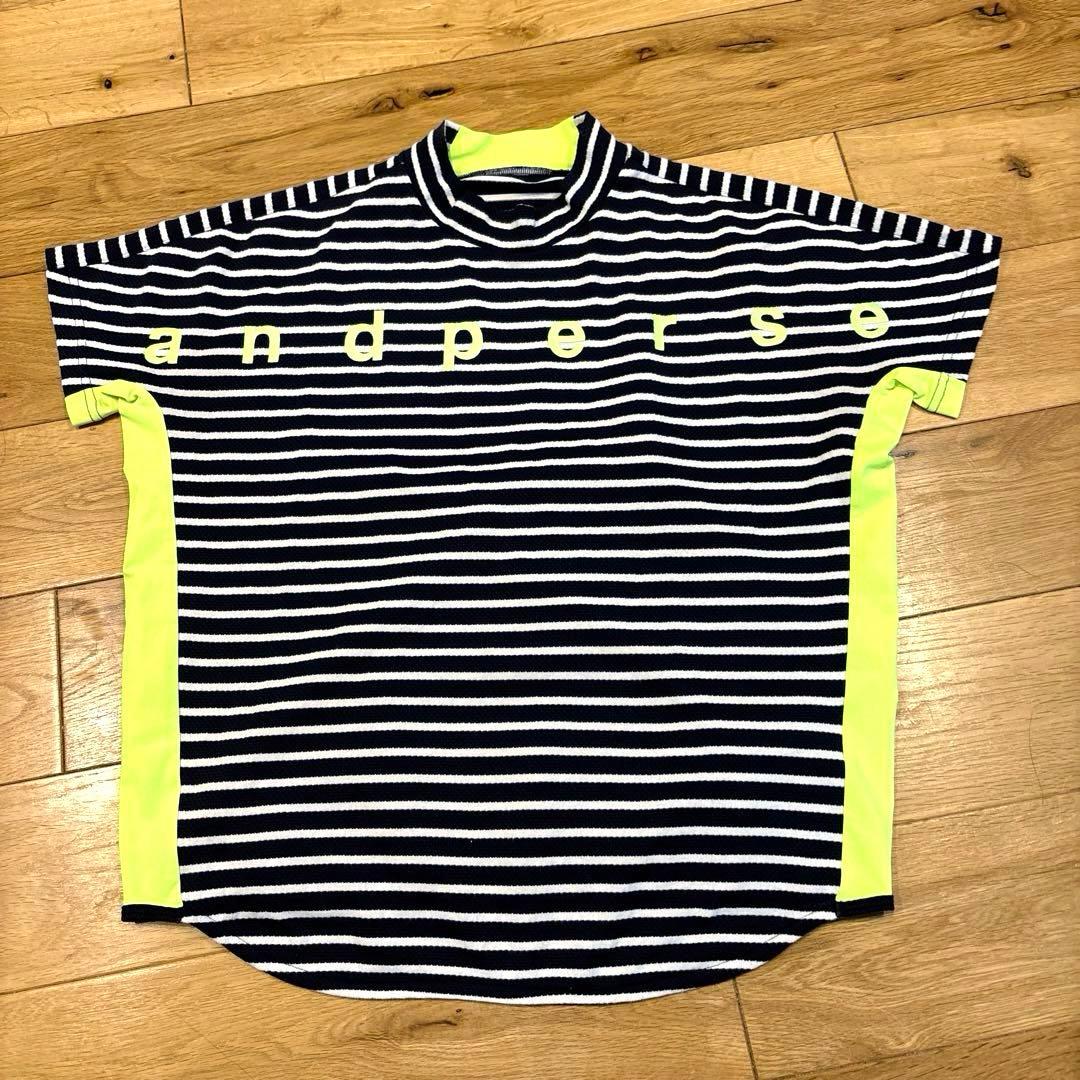 and per se★オシャレなビッグロゴ ボーダー柄モックネックシャツ★M