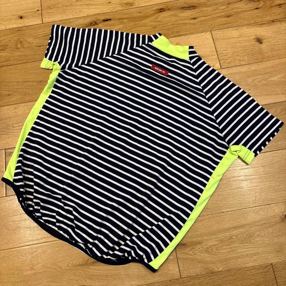 and per se★オシャレなビッグロゴ ボーダー柄モックネックシャツ★M