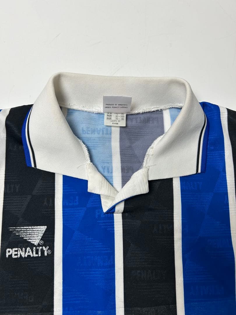 PENALTY ストライプ　ブラック/ブルー　長袖サッカーシャツ　襟付　Oサイズ