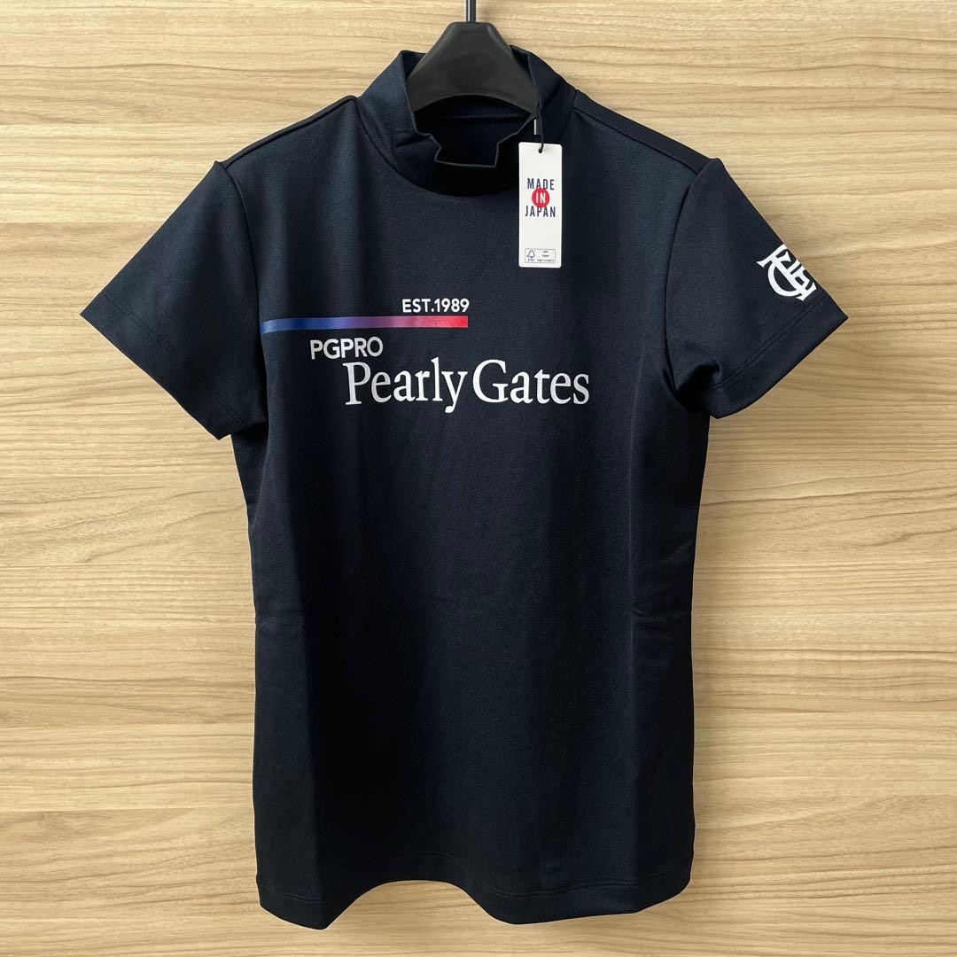 新品★パーリーゲイツ モックネックシャツ 半袖ハイネック 濃紺×白ロゴ ０