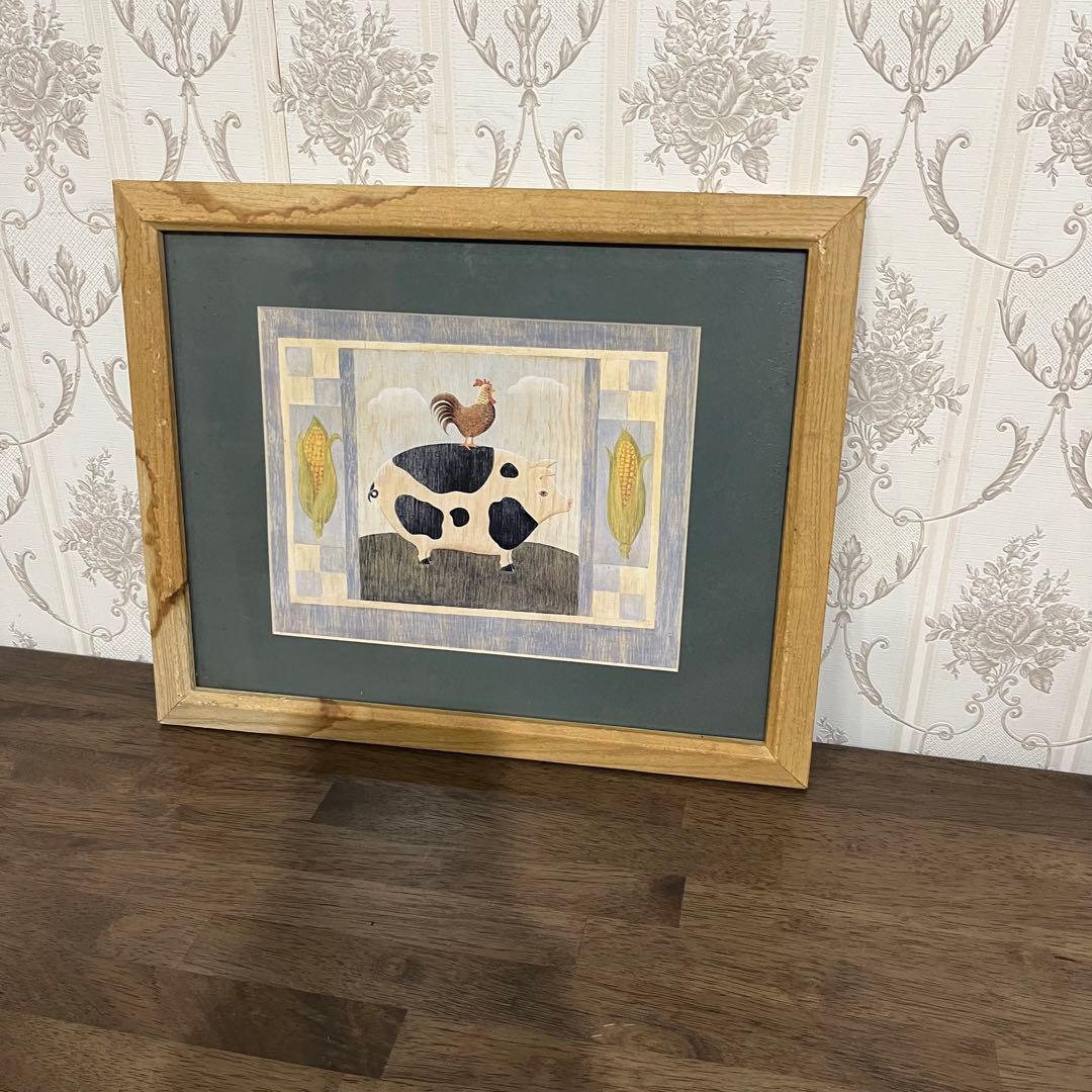 【アンティーク】額装 額縁 ブタ 牛柄 鶏 動物画 アート 美術品 古道具