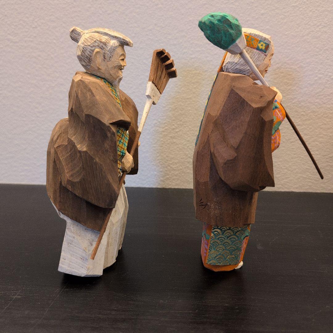 珍品　彫刻家　坂口晴風作　彩色木彫「高砂」　共箱