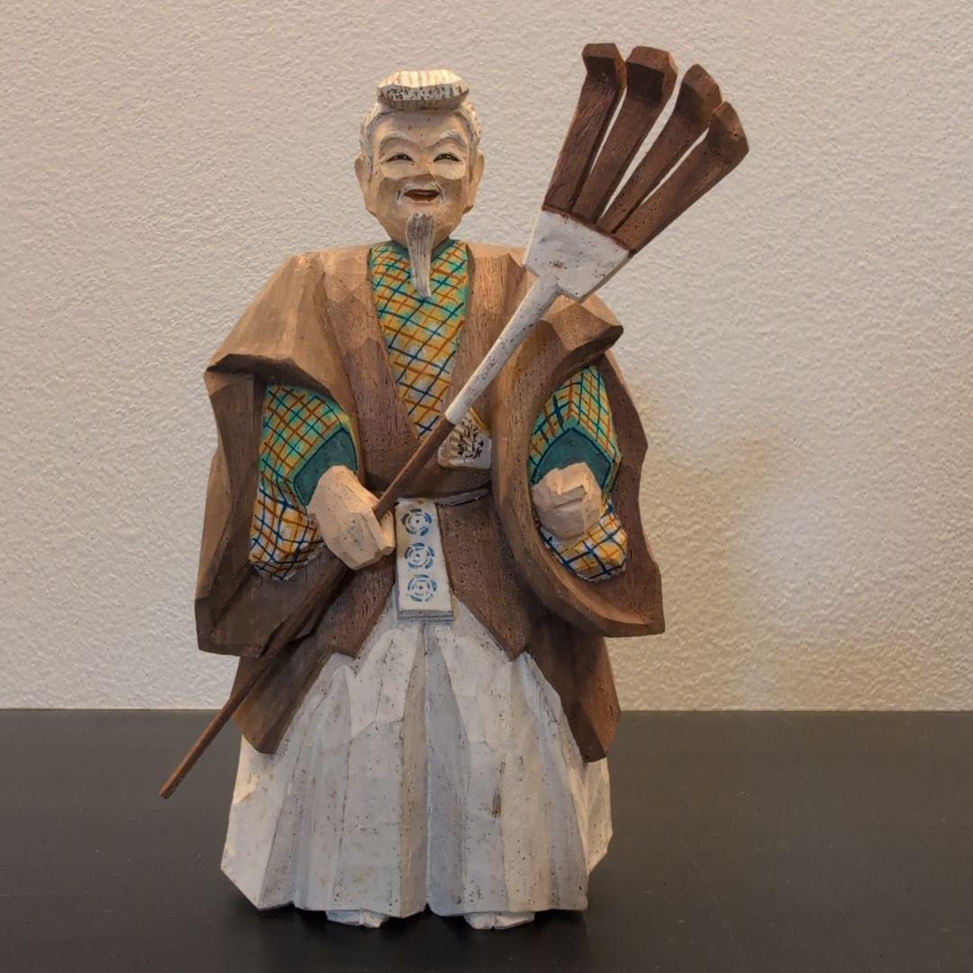 珍品　彫刻家　坂口晴風作　彩色木彫「高砂」　共箱