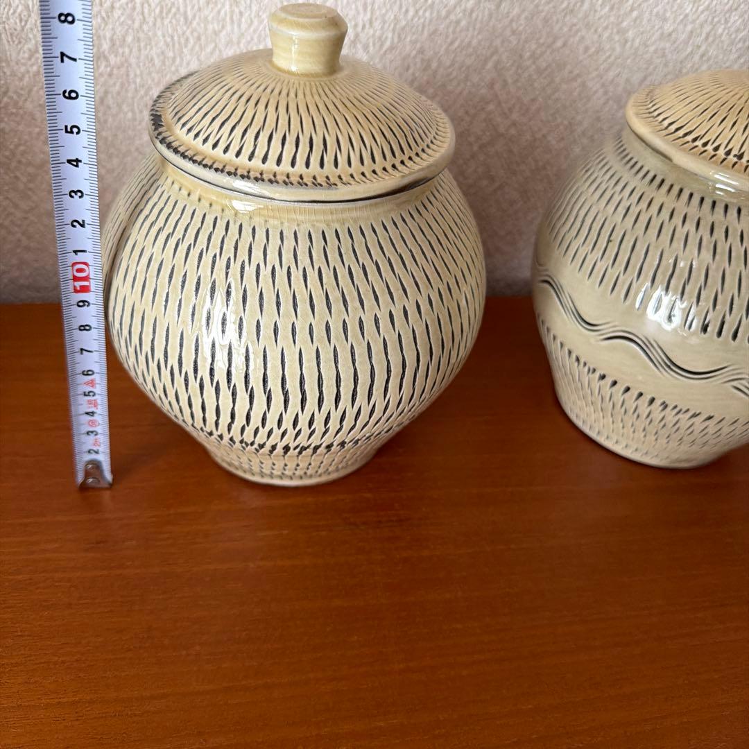 小鹿田焼　飛びカンナ　壺　蓋物　ペア　民藝　民芸