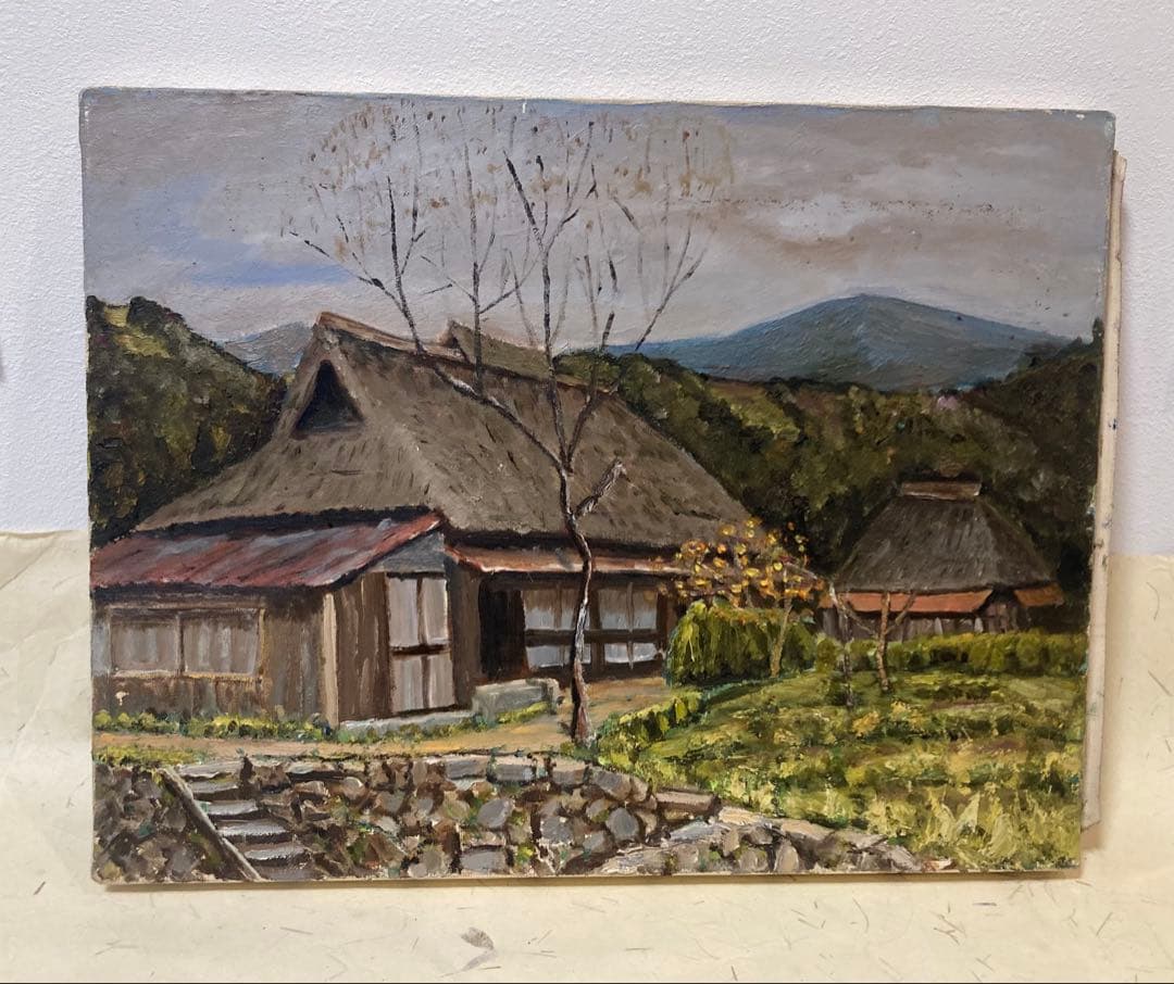 油彩画 茅葺き屋根 風景画F6号 青梅市 oil painting