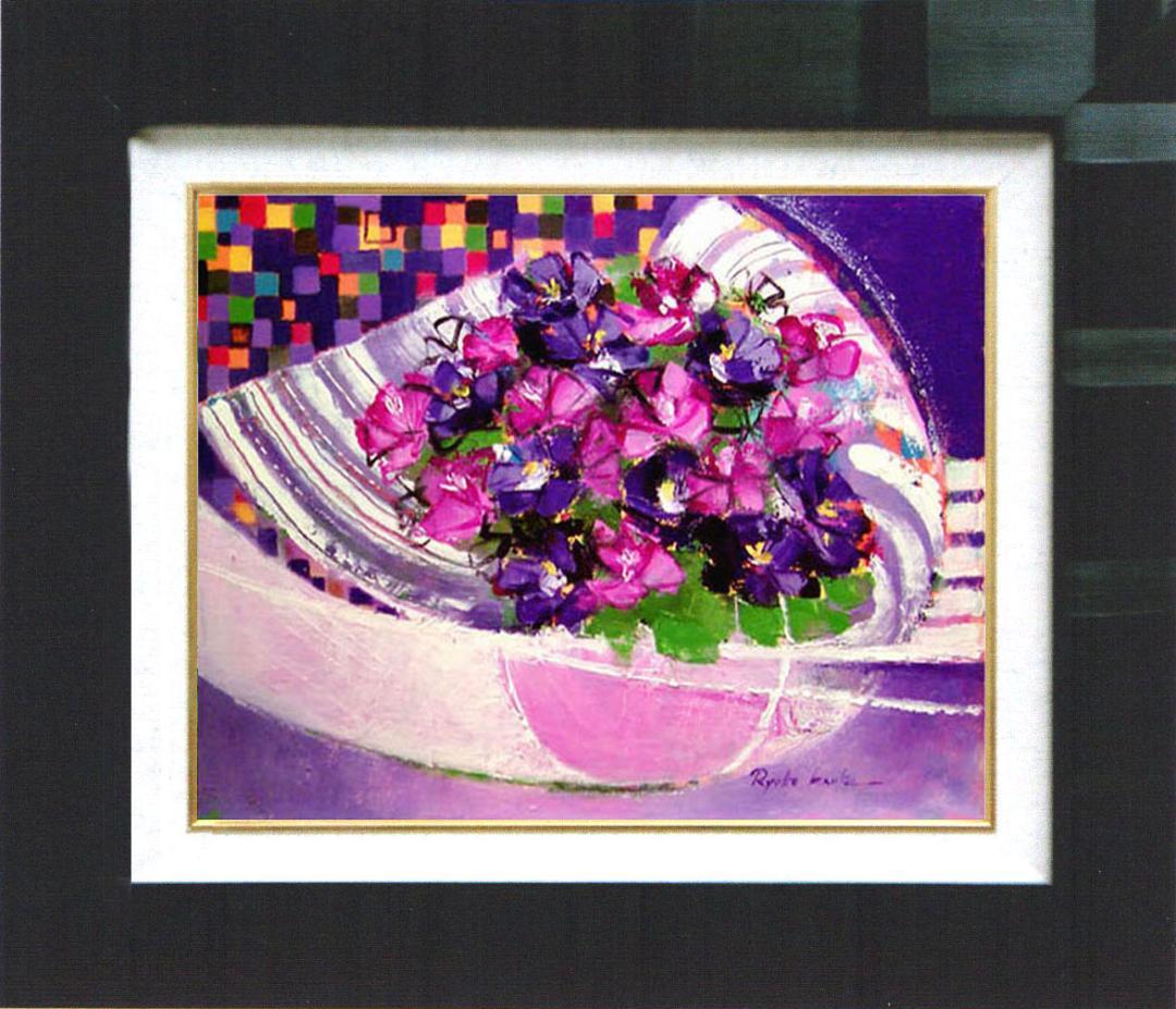 油絵 菅家令子絵 絵画インテリア額付(青緑＋金色の枠) uF6-062304 花