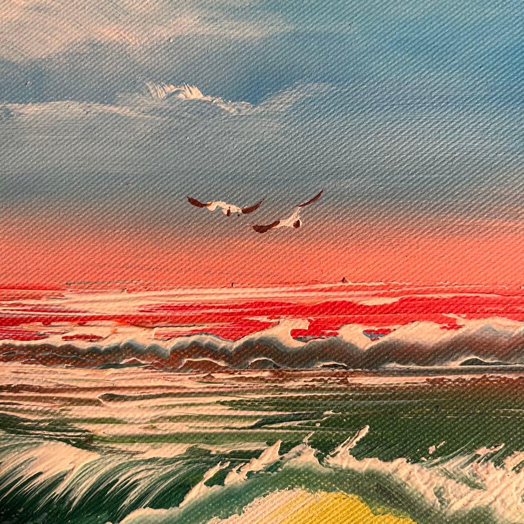 手書き油絵 荒海 額付 絵画 インテリア 油彩画