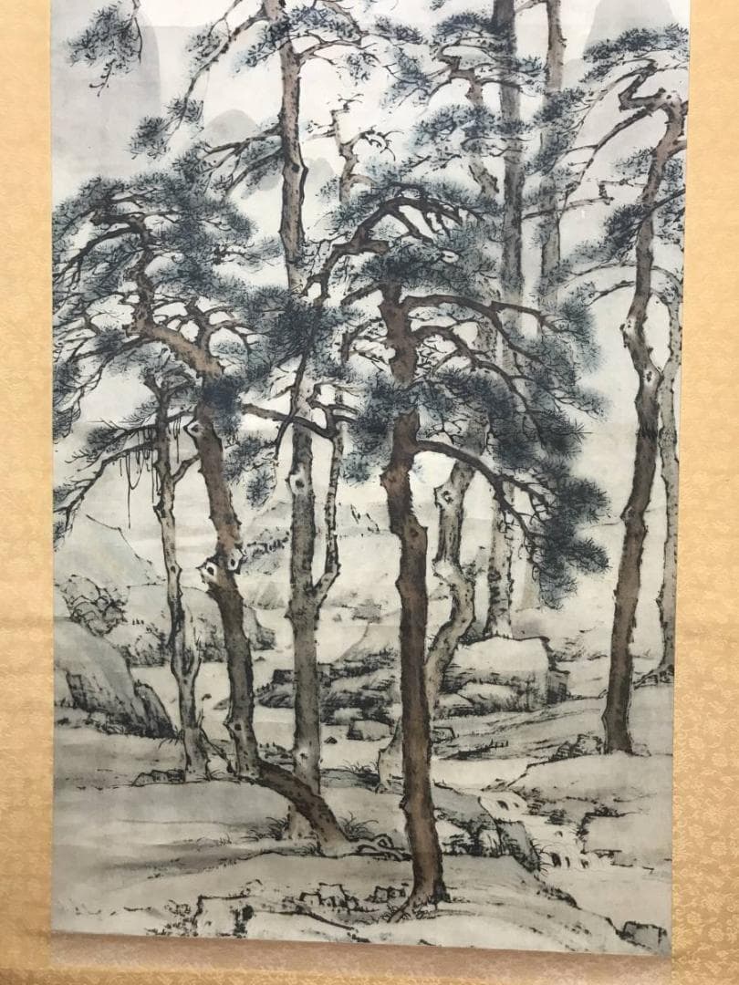 【複製】山本梅逸/山渓松林図/山水図/印刷/工芸品/掛軸/名家伝来/AB-998