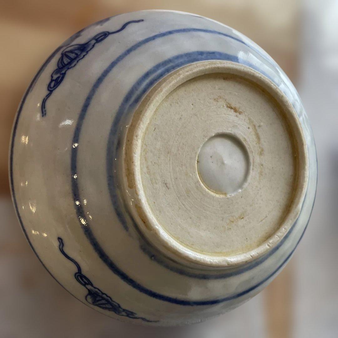 青い花柄波模様の陶器ボウル 6個セット