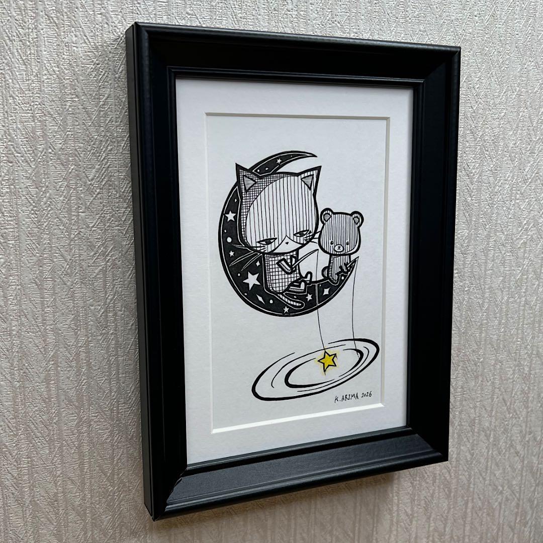 動物 原画 絵 手描き 癒し 猫 くま 一点物 額縁付き 『黄色に宿る温もり』