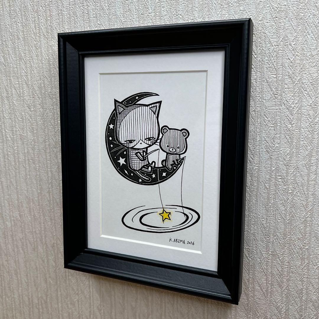 動物 原画 絵 手描き 癒し 猫 くま 一点物 額縁付き 『黄色に宿る温もり』
