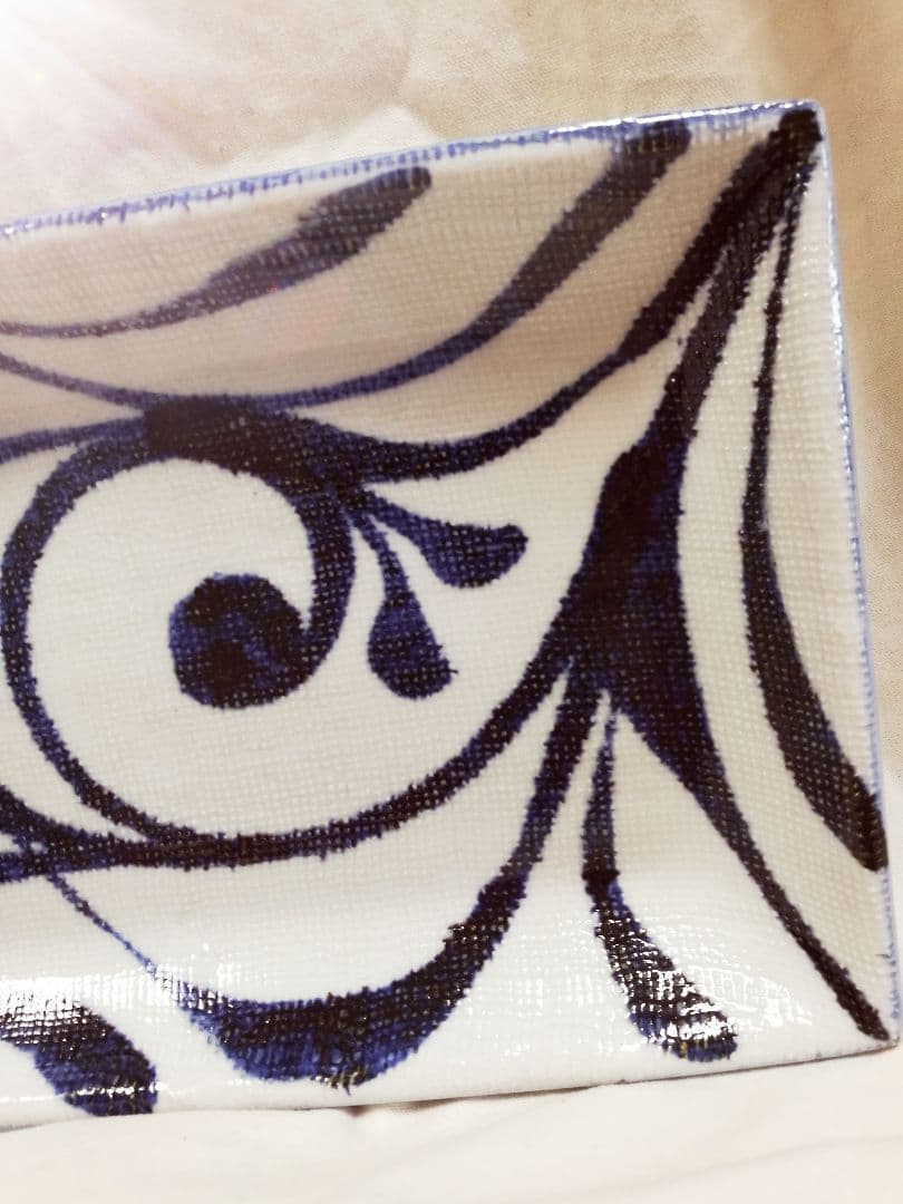 美品 砥部焼 梅山窯 布目皿 平皿 角皿 一つ唐草 角皿 藍染付 2セット