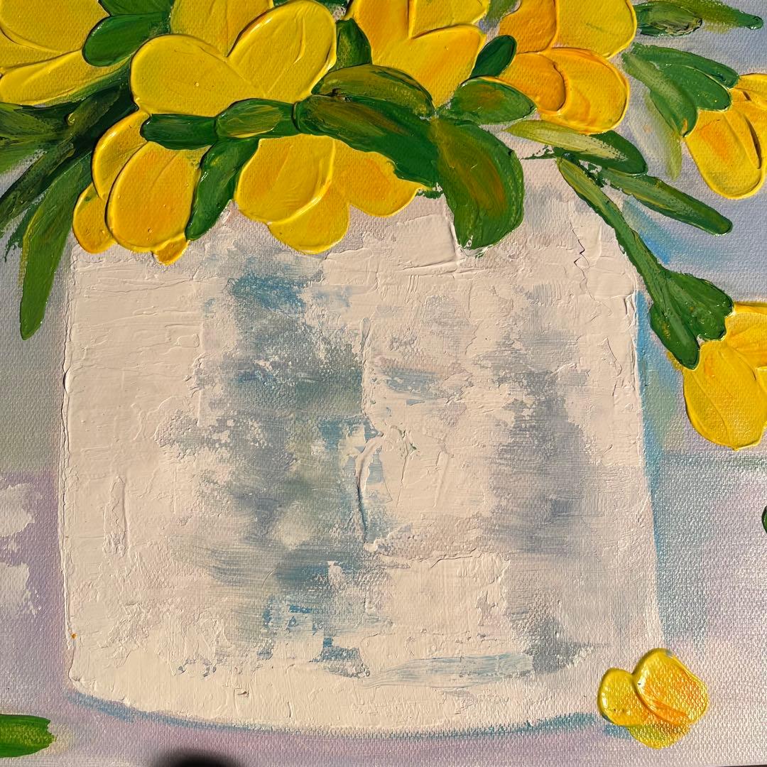 手書き油絵 花瓶の花 イエロー 肉筆絵画 インテリア 油彩画