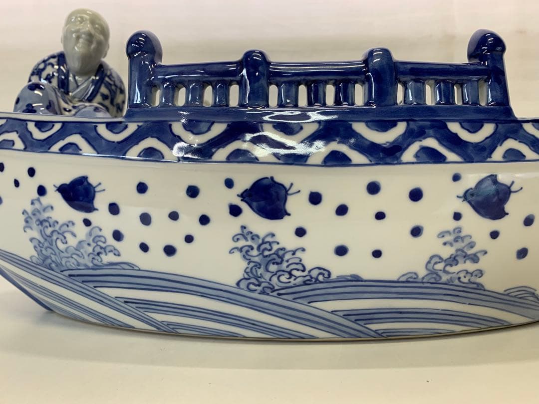 新品 九谷焼 染付 波千鳥 船置物 時代物 床飾り