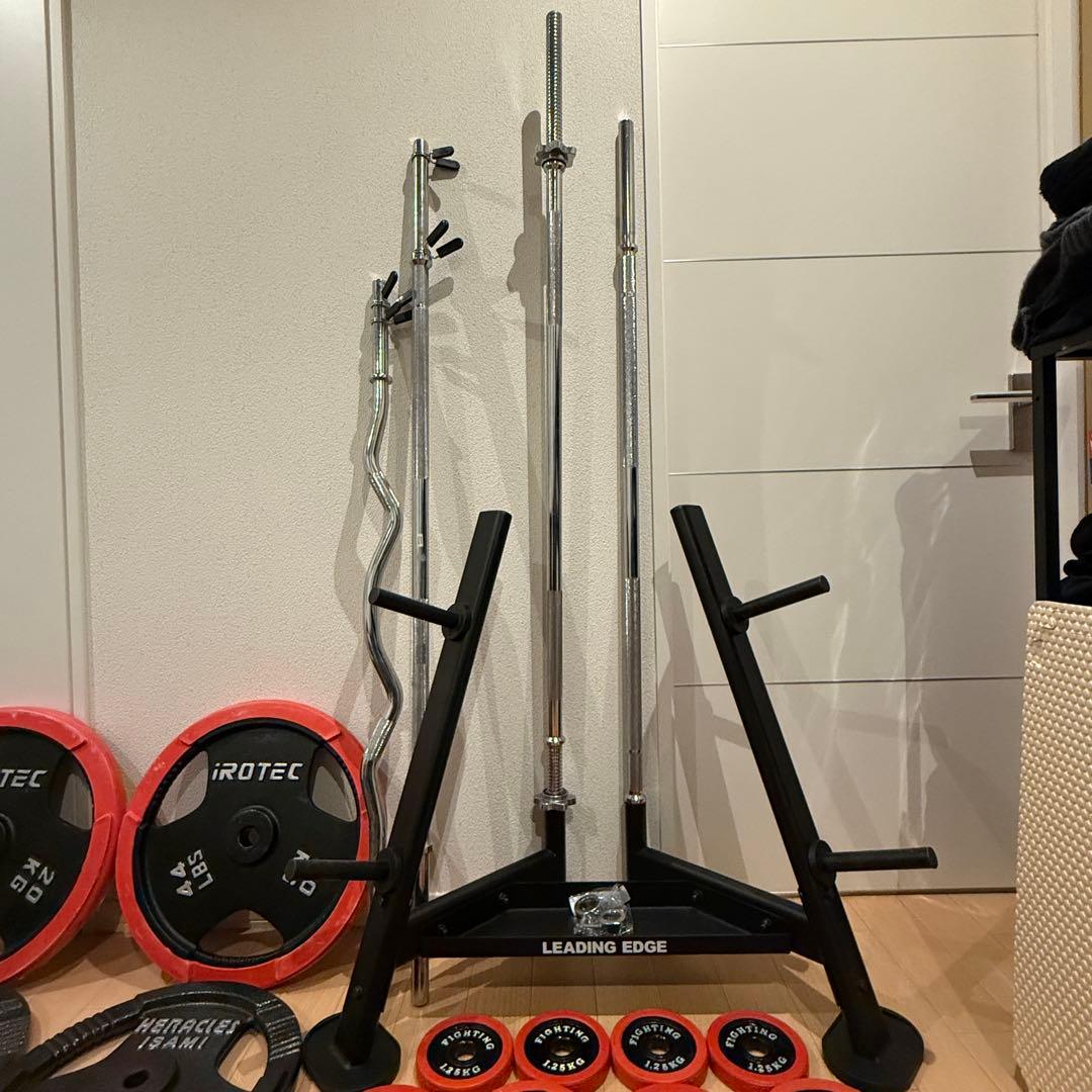 【プレート総重量155kg】ホームジム一式セット（バーベル・プレート・ラック）