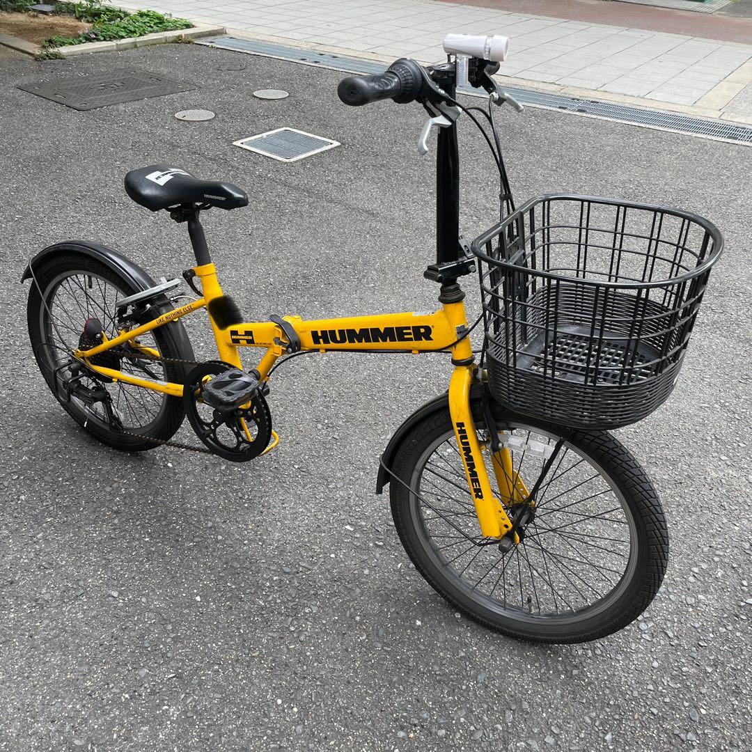 HUMMER ハマーイエロー 折りたたみ自転車 前カゴ付きロック付きギア7段あり