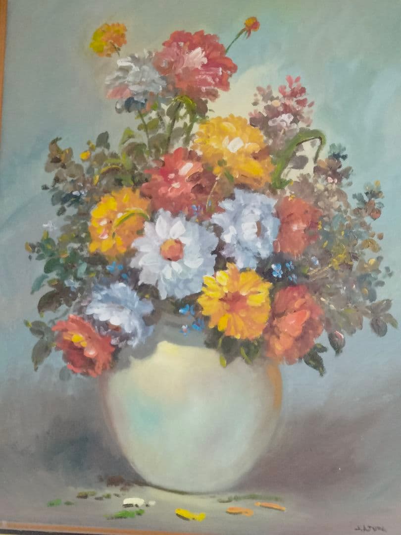 花瓶の花 油彩画 J.アズマ