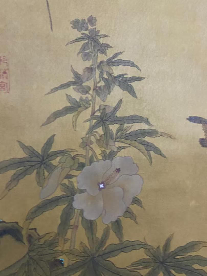中国古美術『趙佶款 花鳥画』絹布 三尺中堂画 掛軸 表装済 旧蔵 文房置物 模写