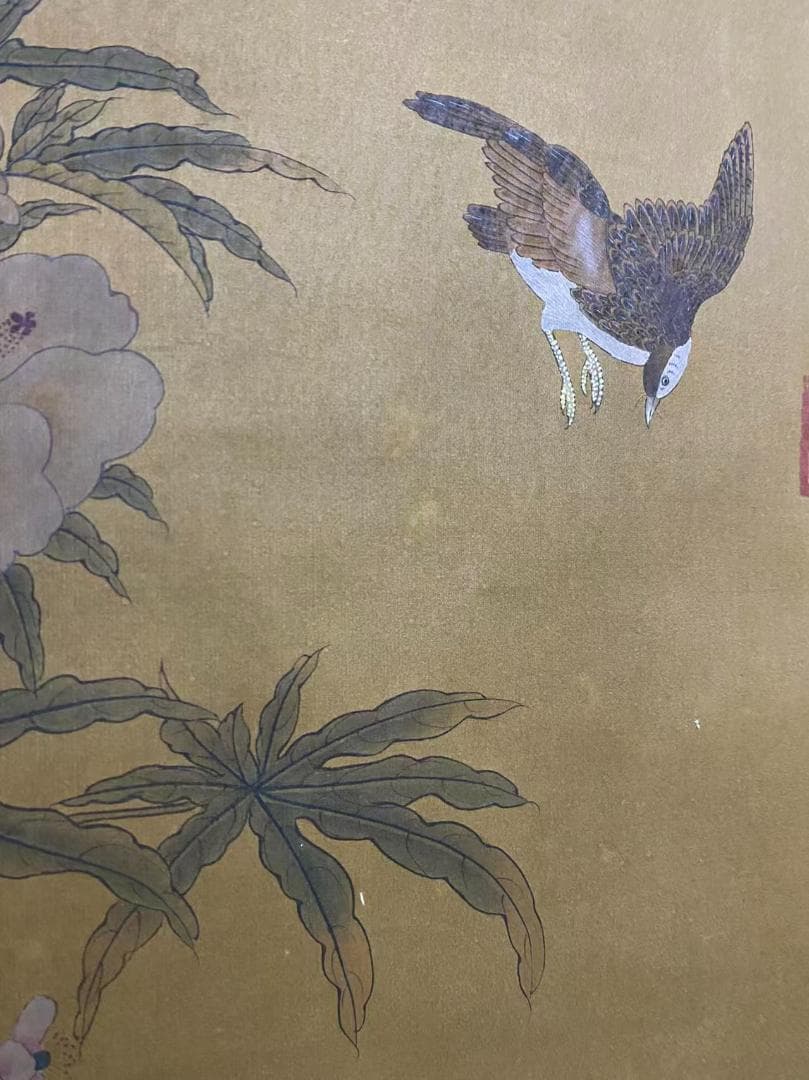 中国古美術『趙佶款 花鳥画』絹布 三尺中堂画 掛軸 表装済 旧蔵 文房置物 模写