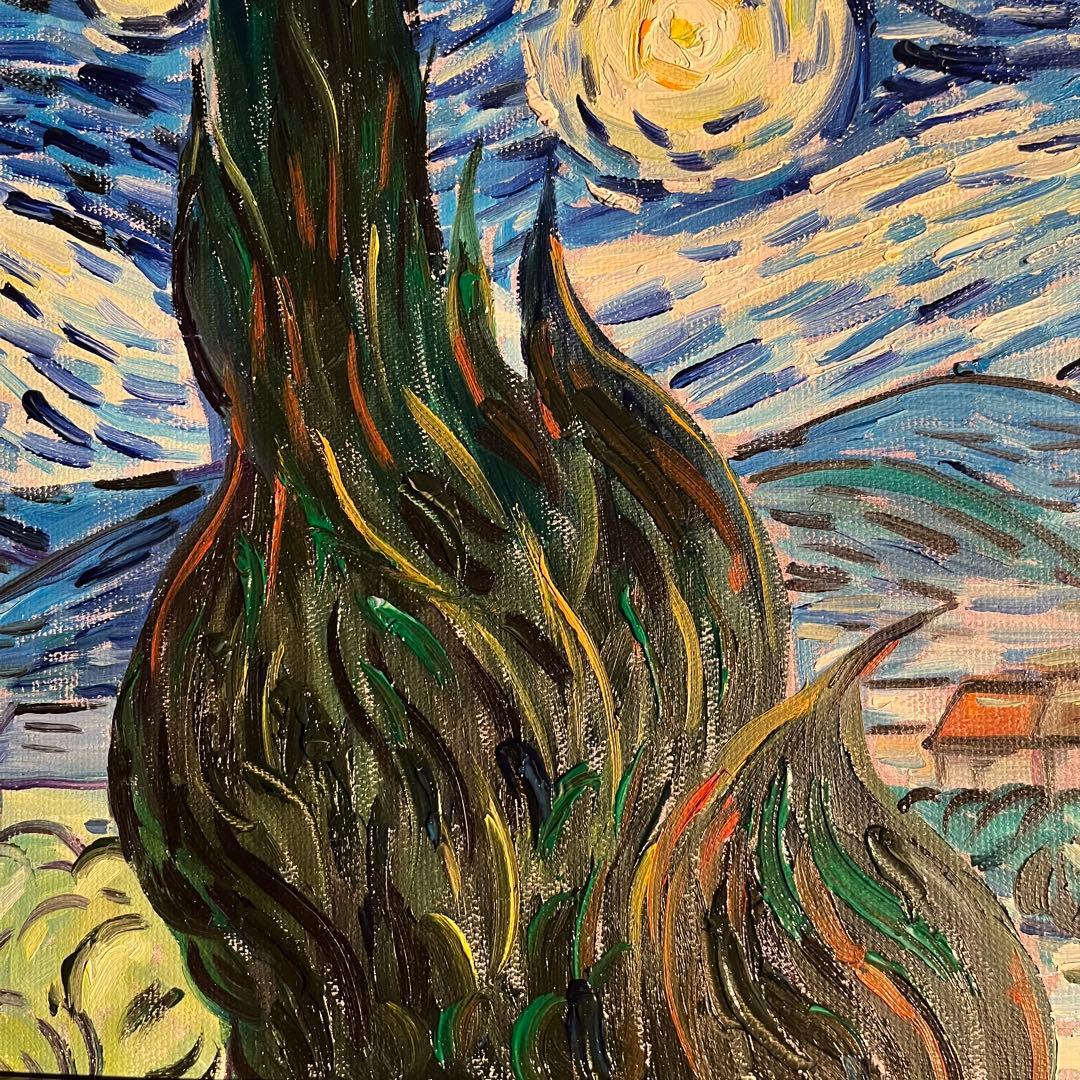 ★秀作★ 手書き油絵 ゴッホ 星月夜 額付 絵画 インテリア 油彩画