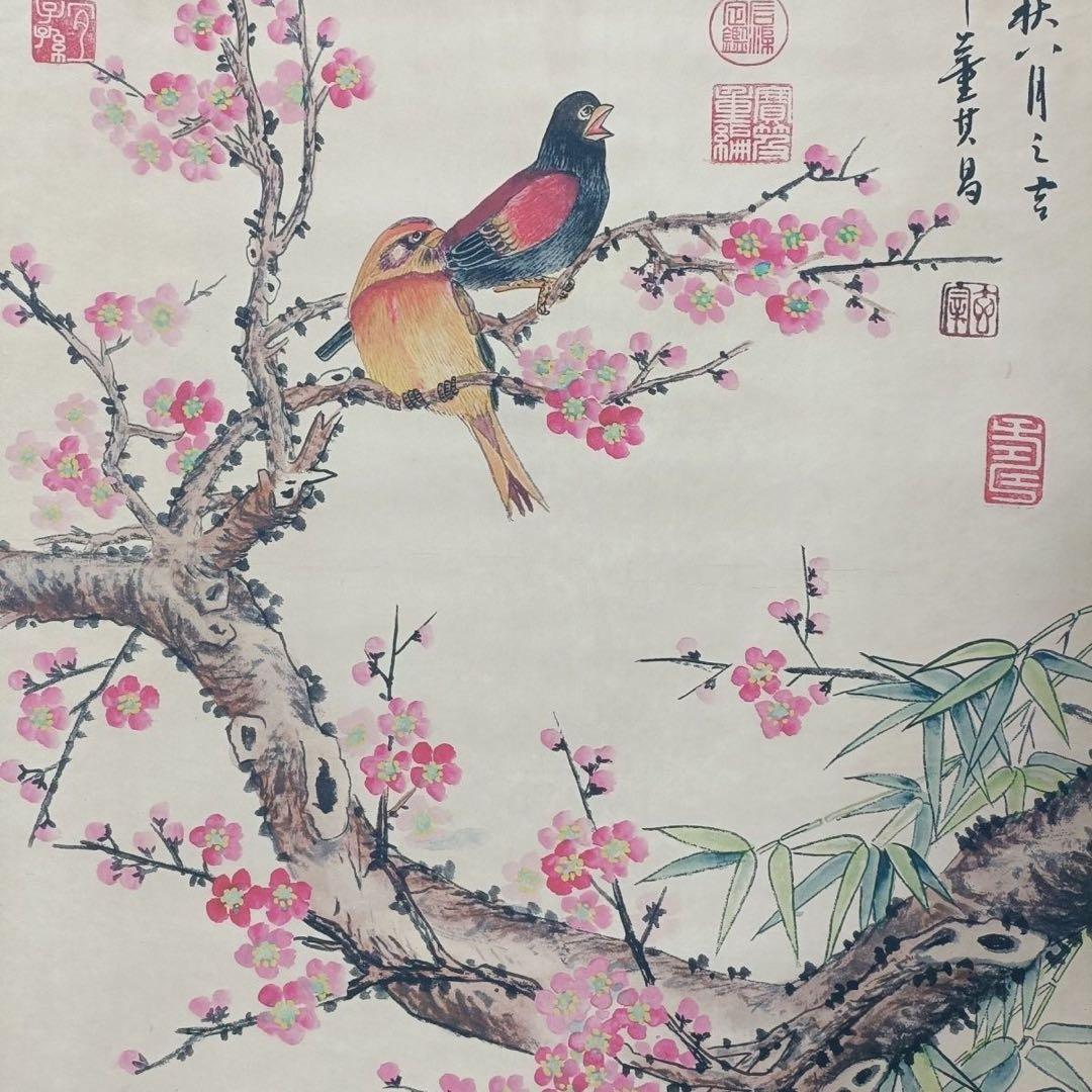 董其昌様式 花鳥図 掛軸 三尺中堂画 証書付き 高級インテリア 客間 玄関装飾