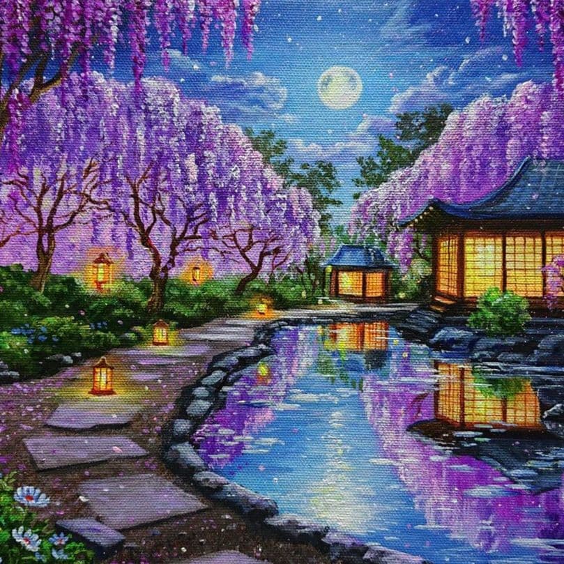 【月夜の藤】アクリル画 F3 風景画 絵画