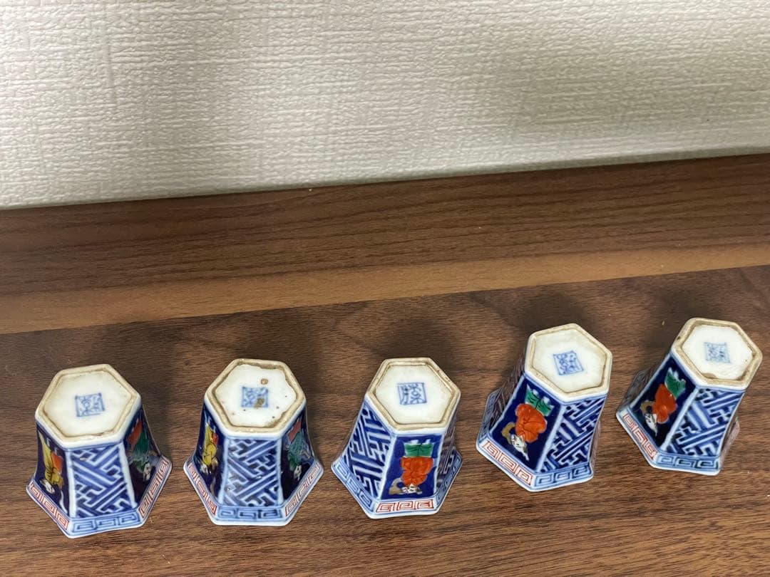 希少 古伊万里 色絵人物図 六角覗猪口 五客揃 時代物 骨董品 美品