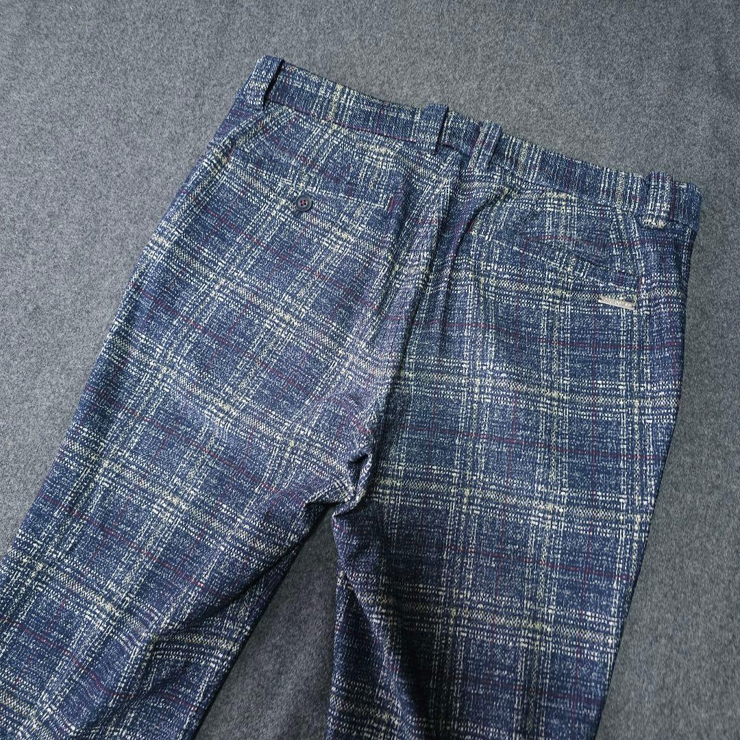 美品 アンパスィ ストレッチゴルフパンツ 刻印ロゴ チェック柄 W85 LL 紺