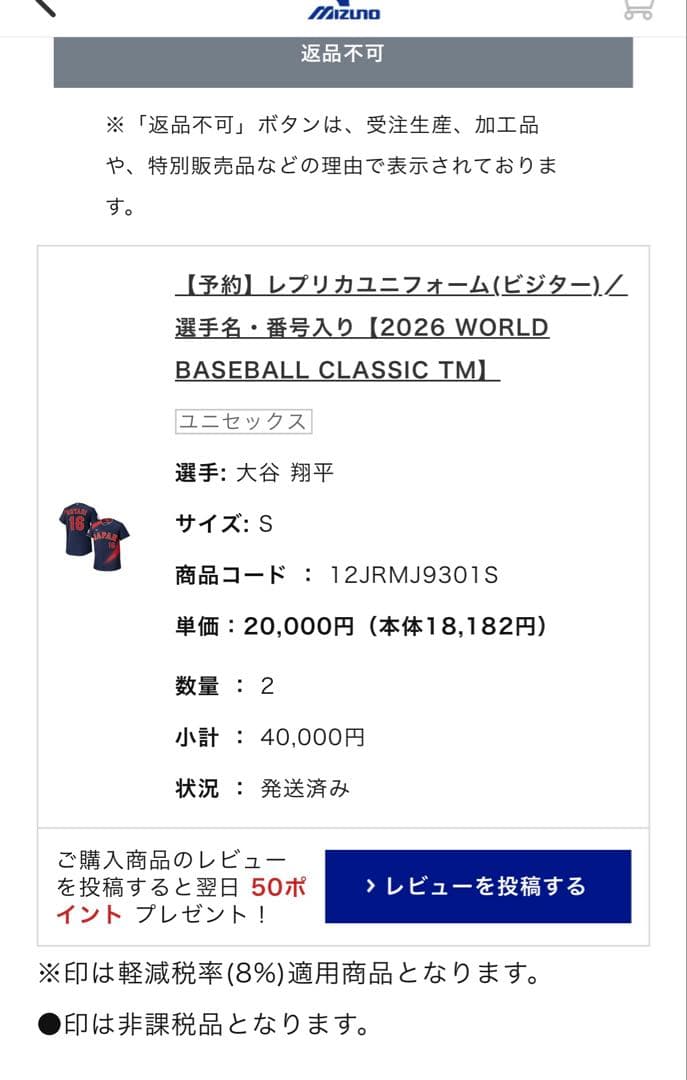即日発送　2026 WBC レプリカユニフォーム ビジター　S 大谷翔平