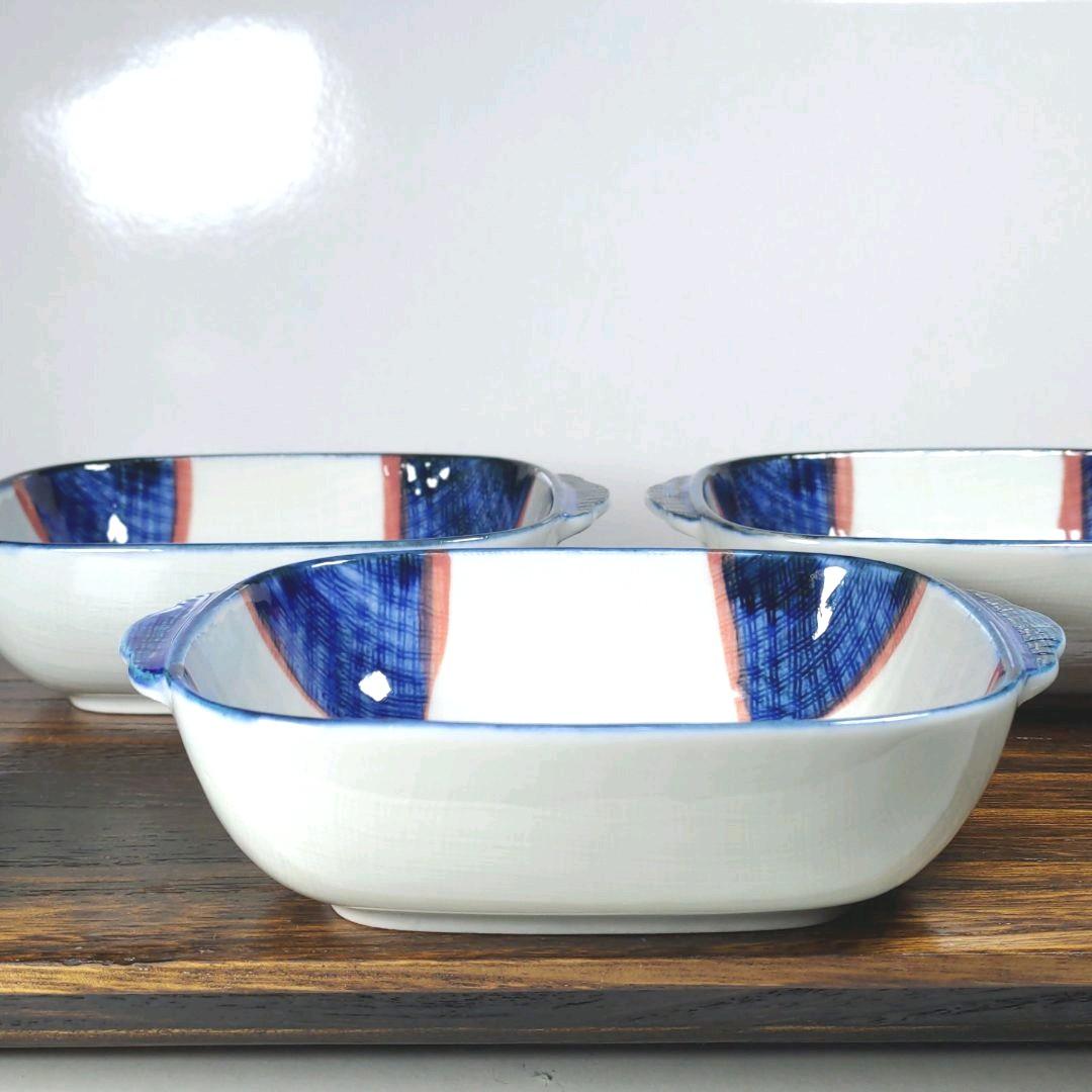 赤津焼　手描き市松　15.5cm手付き鉢　３個　新品未使用　送料込み　和食器