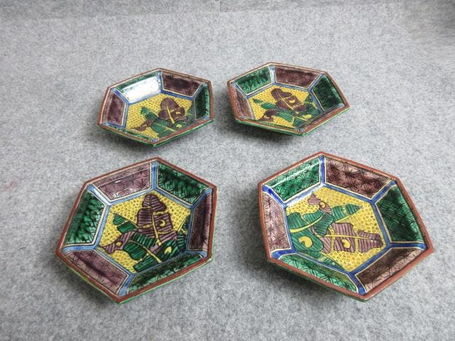 九谷焼青手芭蕉図角福印六角手塩皿4枚 [B28959]