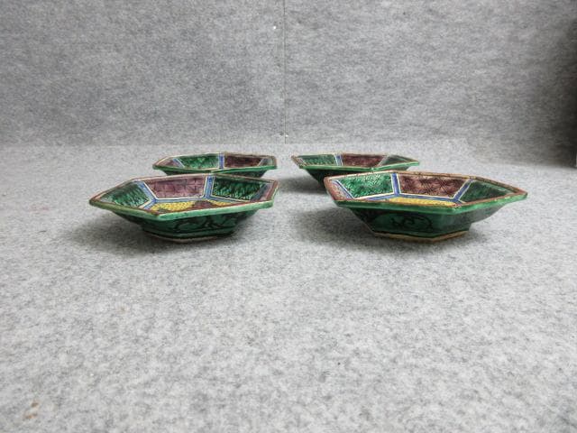 九谷焼青手芭蕉図角福印六角手塩皿4枚 [B28959]