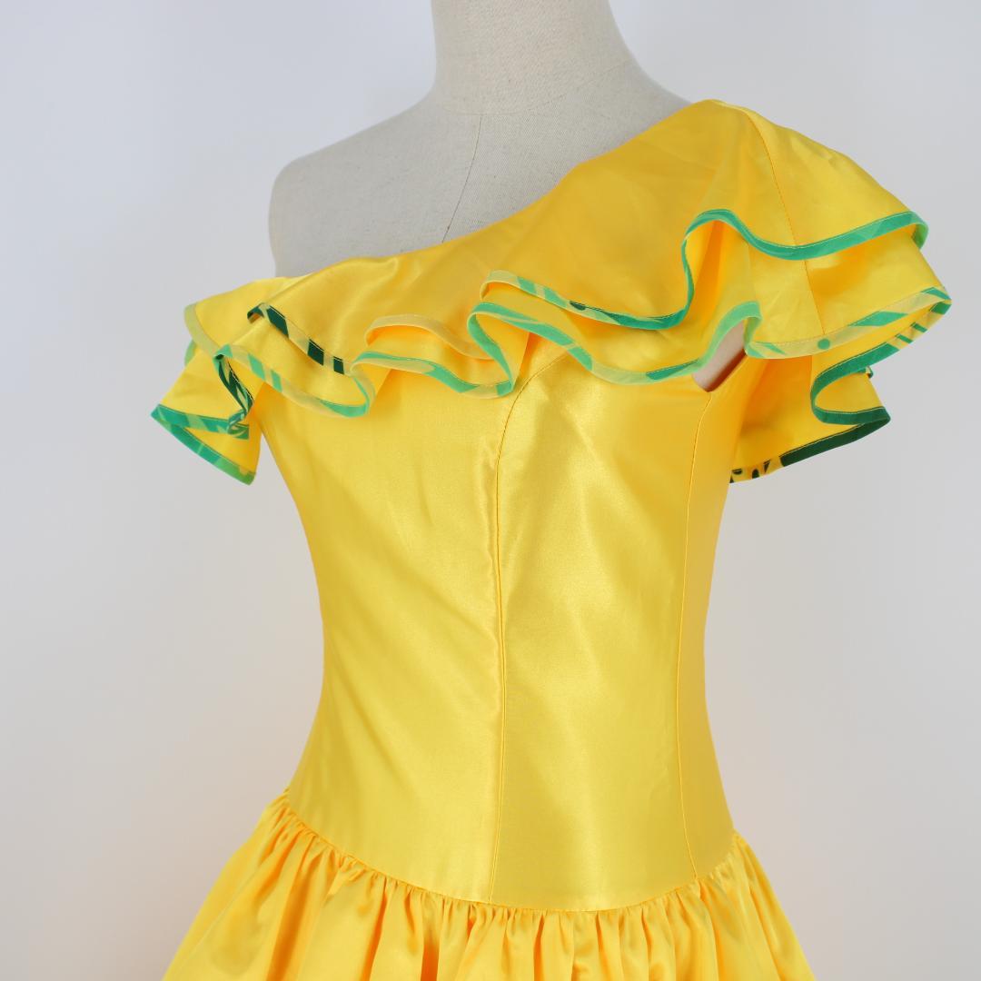 【フラダンス用衣装 美品】イエロー フリル付き ワンショルダー ハワイアンドレス