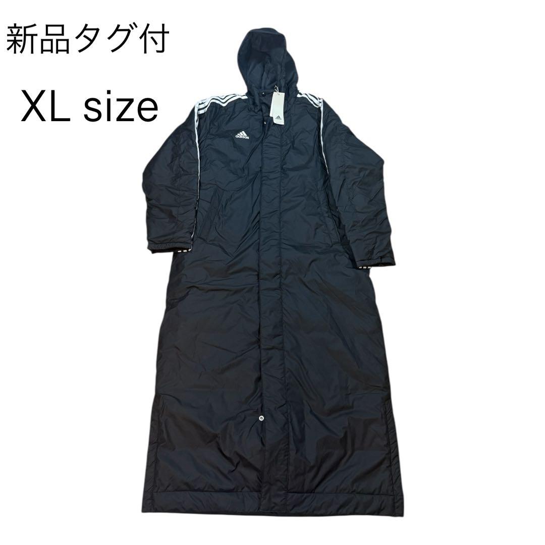 【新品タグ付】adidas ベンチコート XL 黒 中綿 ロング丈 3ストライプ